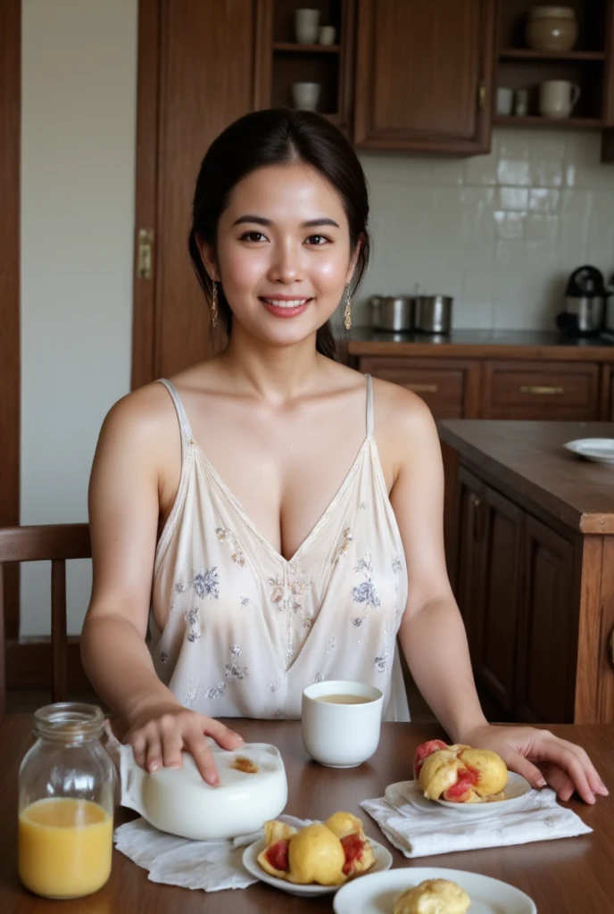 An Indonesian woman, wear a sleeveless nightgown with floral print, sitting on the dining table at the kitchen enjoying breakfast, Village atmosphere, realistic photography. look at the viewer,