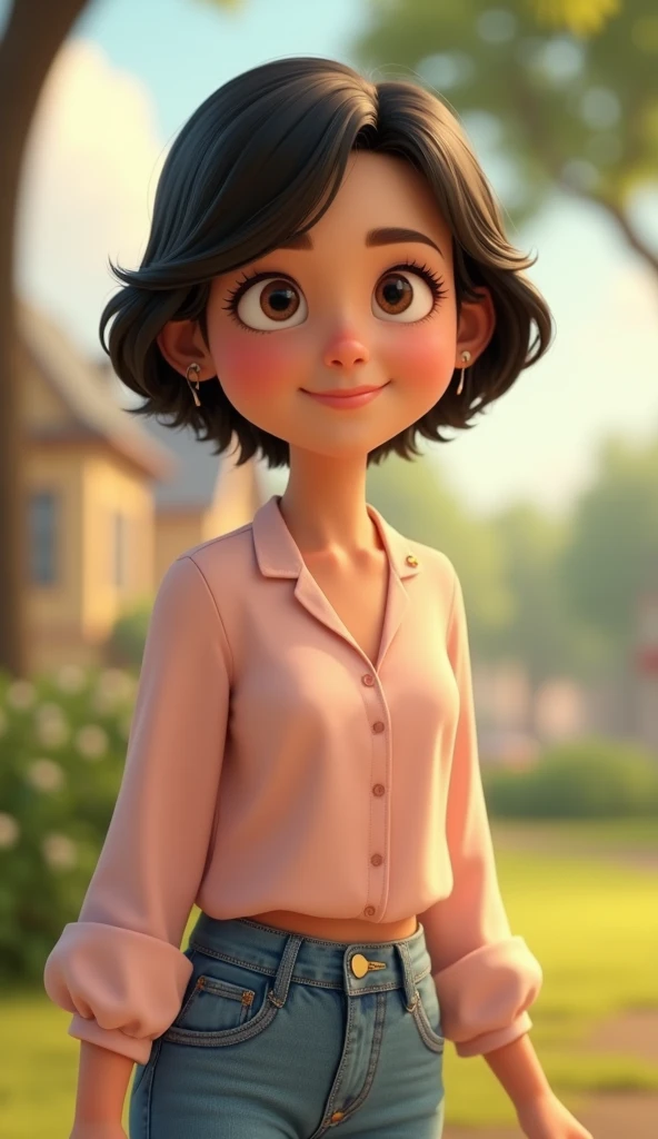 A 35-year-old mother in Pixar Disney style, About 1.65 meters with short  black hair, gentle and warm features with a caring smile, wearing a simple yet elegant pastel-colored blouse and comfortable jeans,A 13-old-year boy in Pixar Disney style,About 1.4 meters, with vibrant short brown hair, large expressive black eyes full of curiosity,with a slim build, looking somewhat frail,Wearing a deep hoodie and long jeans, Mother embracing boy in a heartfelt hug, sunset in the background, the boy's face relieved and comfo, Park