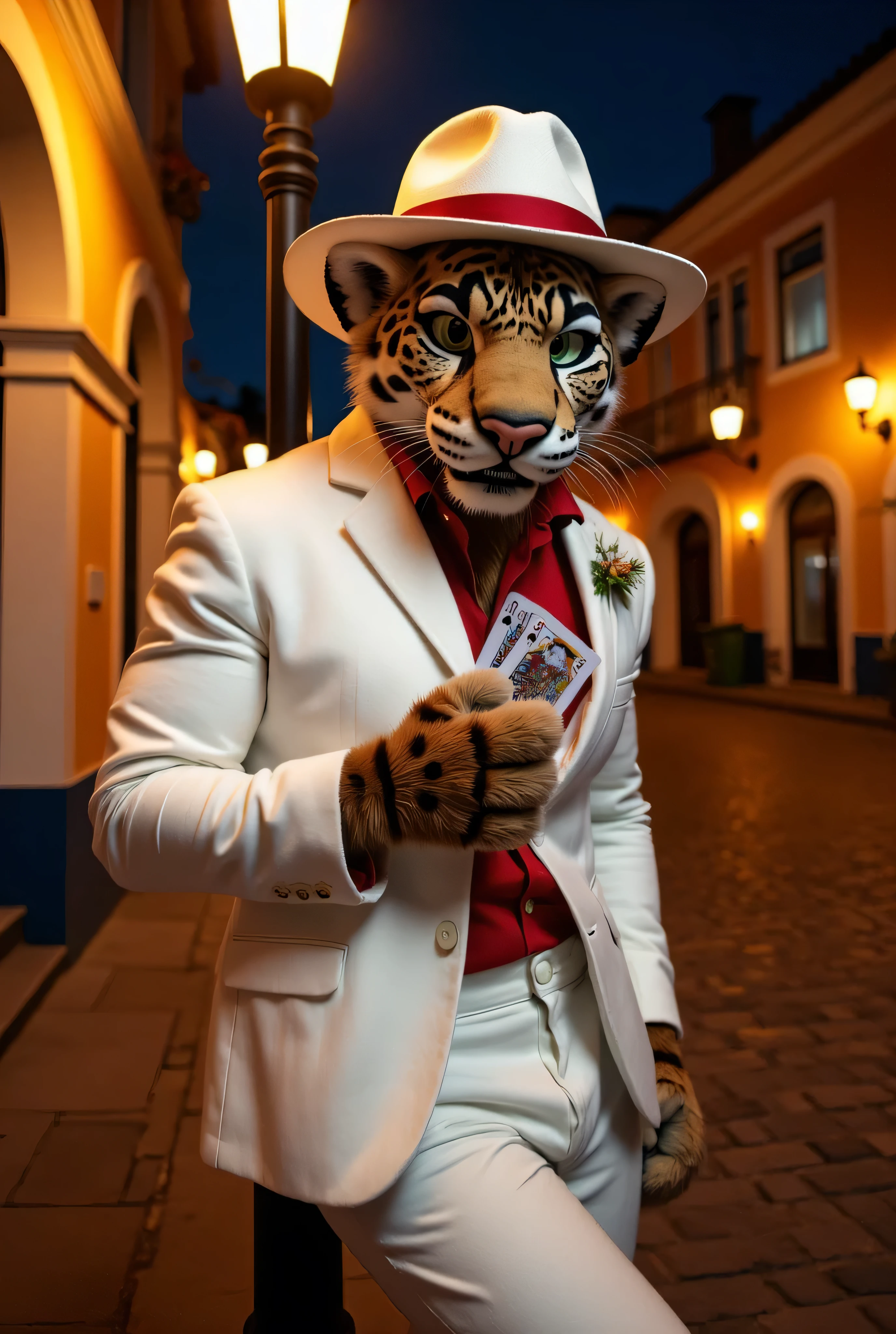 "Anthropomorphic jaguar male, muscular and adult, with golden fur, black rosettes, and piercing green eyes. He’s dressed like a Brazilian malandro: a white suit, a red shirt partially unbuttoned, and a white fedora with a red ribbon. He leans casually against a lamppost, holding a deck of cards and giving a sly, confident smirk.  

Background: the charming Lapa district in Rio de Janeiro, with its iconic arches, cobblestone streets, and warm streetlights illuminating the lively nightlife. The jaguar exudes charisma, blending perfectly with the vibrant atmosphere of the city.  

Style: hyperrealistic 3D, cinematic realism, rendered in Ultra HD 8K. The jaguar’s striking features, the intricate textures of his outfit, and the glowing nightlife of Lapa are vividly detailed."