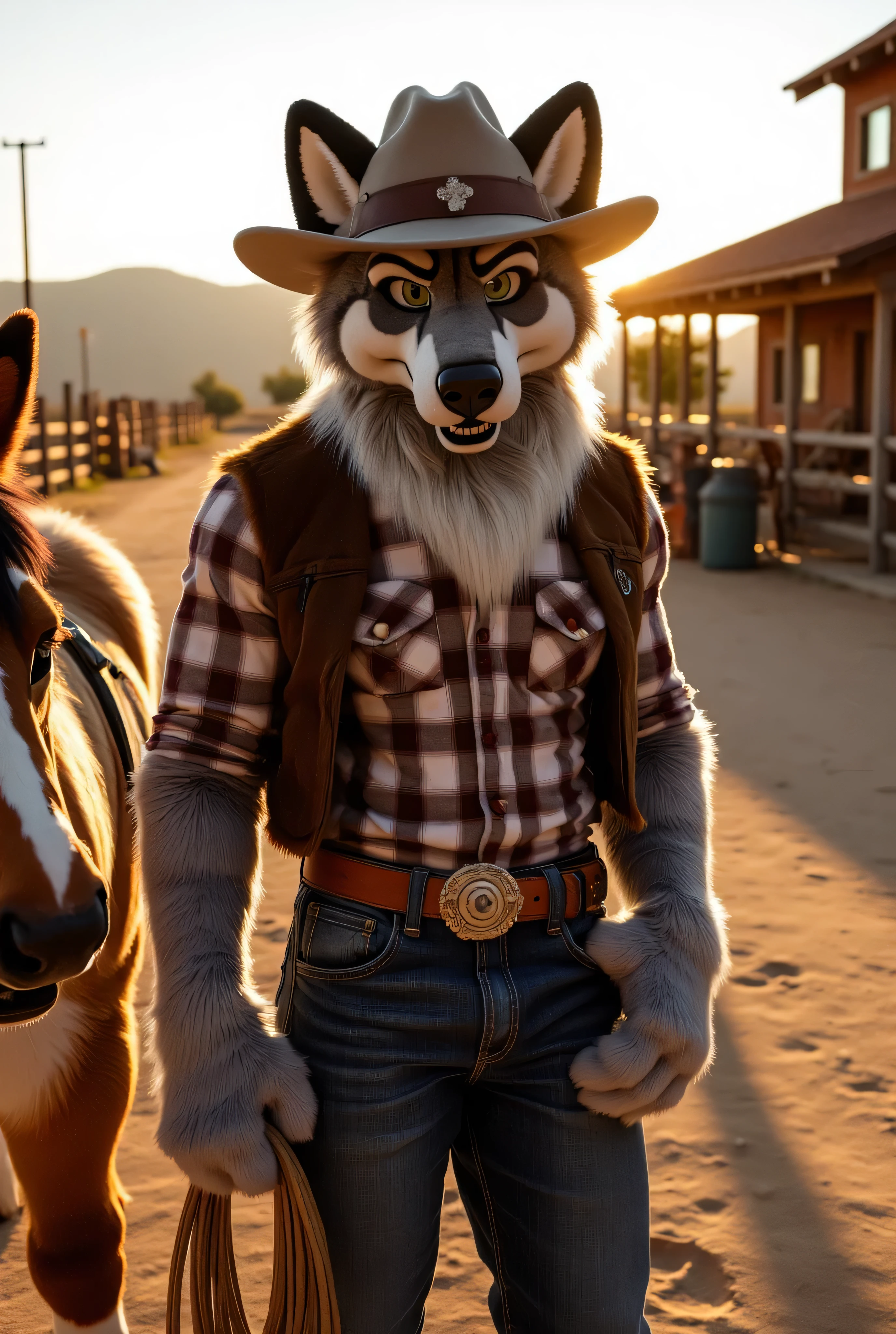 "Anthropomorphic wolf male, muscular and adult, with gray fur, sharp amber eyes, and a ruggedly handsome appearance. He’s dressed in classic American cowboy attire: a wide-brimmed hat, a plaid shirt with the sleeves rolled up, jeans, a leather belt with a large buckle, and cowboy boots. He’s holding a lasso in one hand, standing confidently next to a horse.  

Background: a dusty ranch in the American West, with wooden fences, a barn in the distance, and the warm glow of a sunset casting long shadows. The wolf embodies the spirit of the American cowboy, ready to tame the wild frontier.  

Style: hyperrealistic 3D, cinematic realism, rendered in Ultra HD 8K. The textures of the wolf’s fur, the details of his clothing, and the sprawling Western landscape are captured with breathtaking detail."