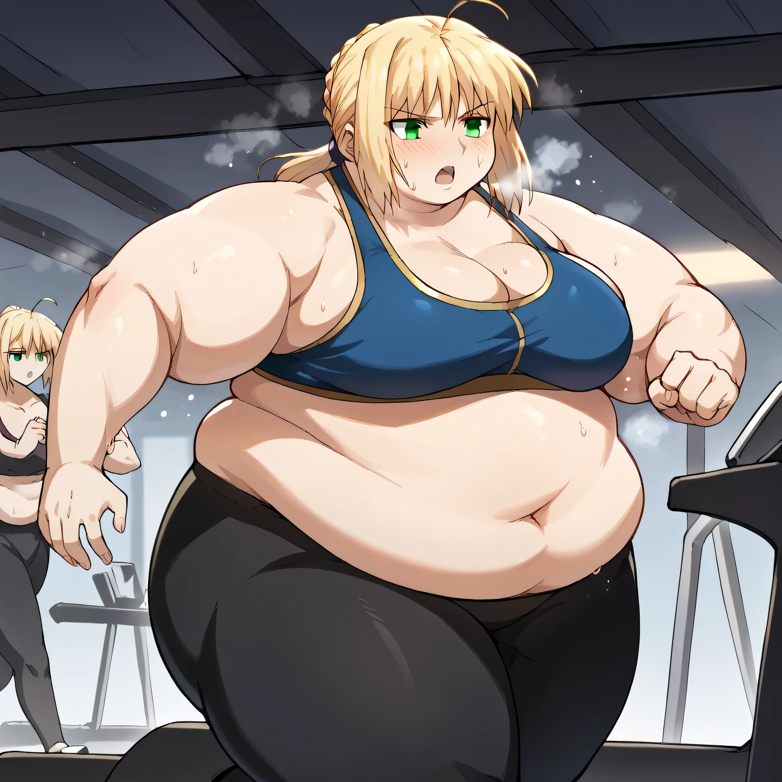 score_9, score_8_up, score_7_up, source_anime, artoria pendragon, artoria pendragon (fate), saber, long hair, blonde hair, green eyes, ponytail, ahoge, medium breasts, treadmill, exercising, exercise machine, running,, yoga pants, sports bra, steam, open mouth, sweat, blush, gym,, cowboy shot, fat, chubby, obese, gigantic arms and legs, large breasts open mouth, out of breath