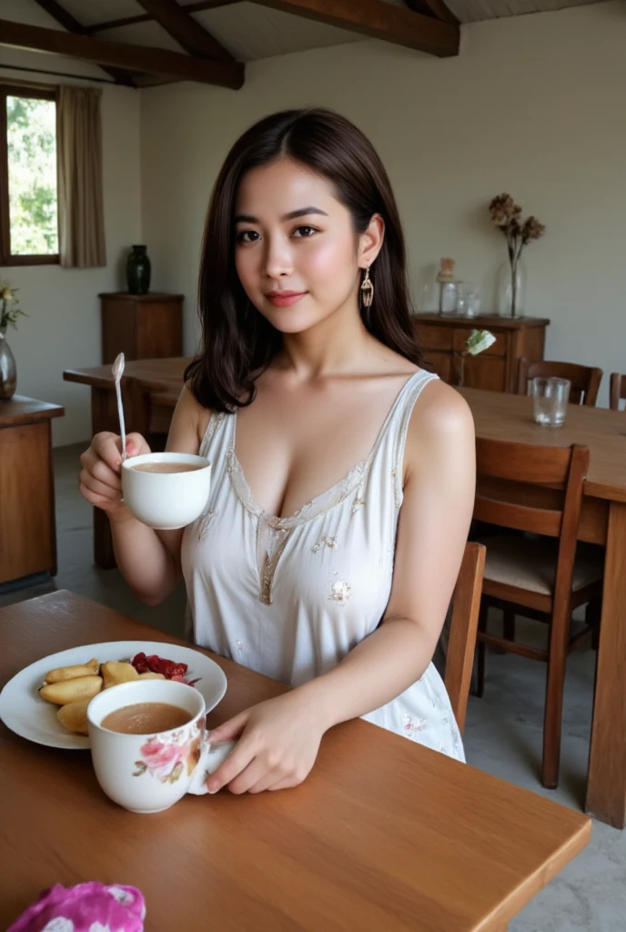 An Indonesian woman, wear a sleeveless nightgown with floral print, sitting on the dining table at the kitchen enjoying breakfast, Village atmosphere, realistic photography. look at the viewer,