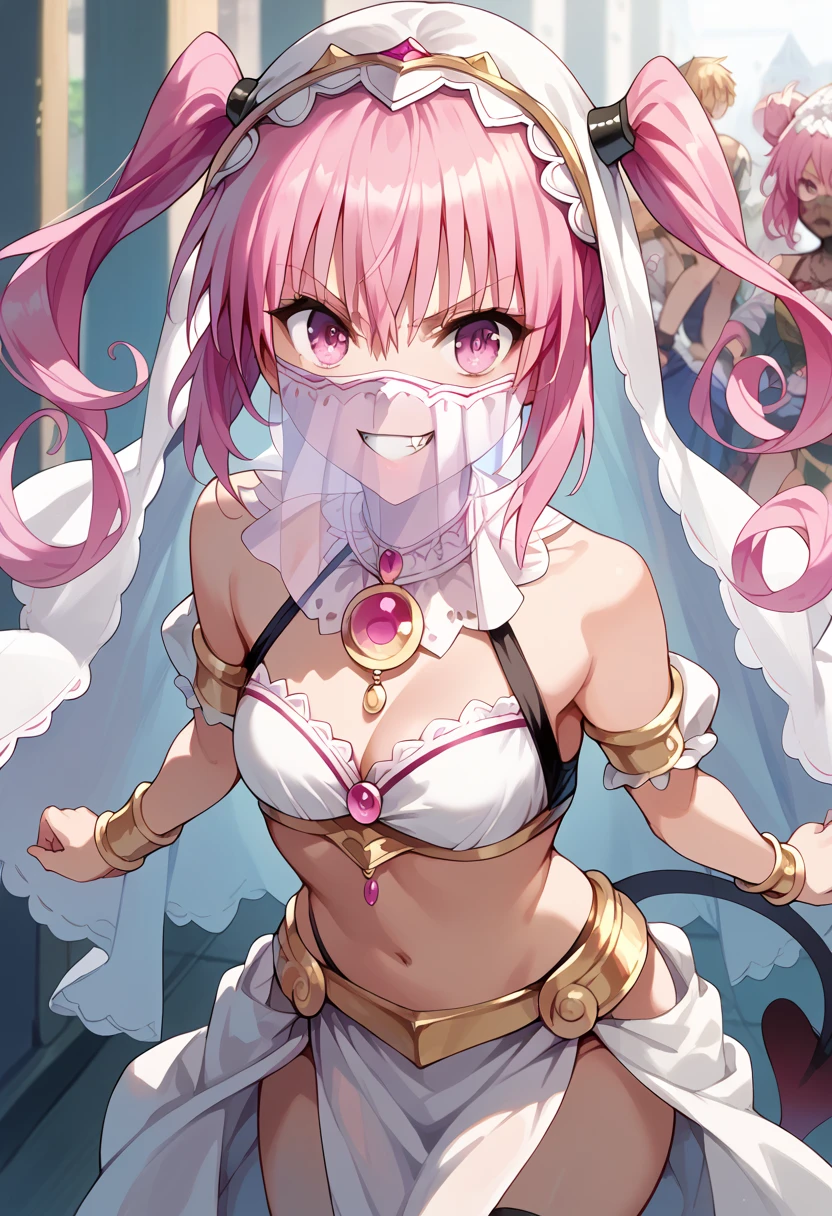 masterpiece, high definition , top quality,8k
(Nana Asta Deviluke,fang,long hair,pink eyes,pink hair,tail,twintails)((White mouth veil,White loincloth,White exposure on the chest)) grin 