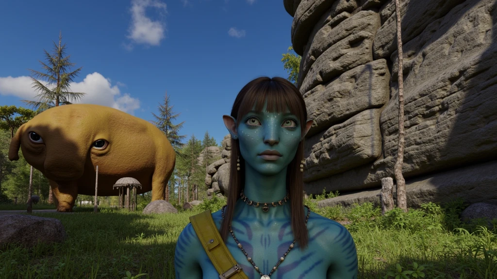 na'vi, na'vi race, avatar, pale teal blue skin, dark brown hair, blue eyes, straight brown hair with bangs, long bangs, bangs covering forehead, no eyebrows, lots of blue stripes and facial markings