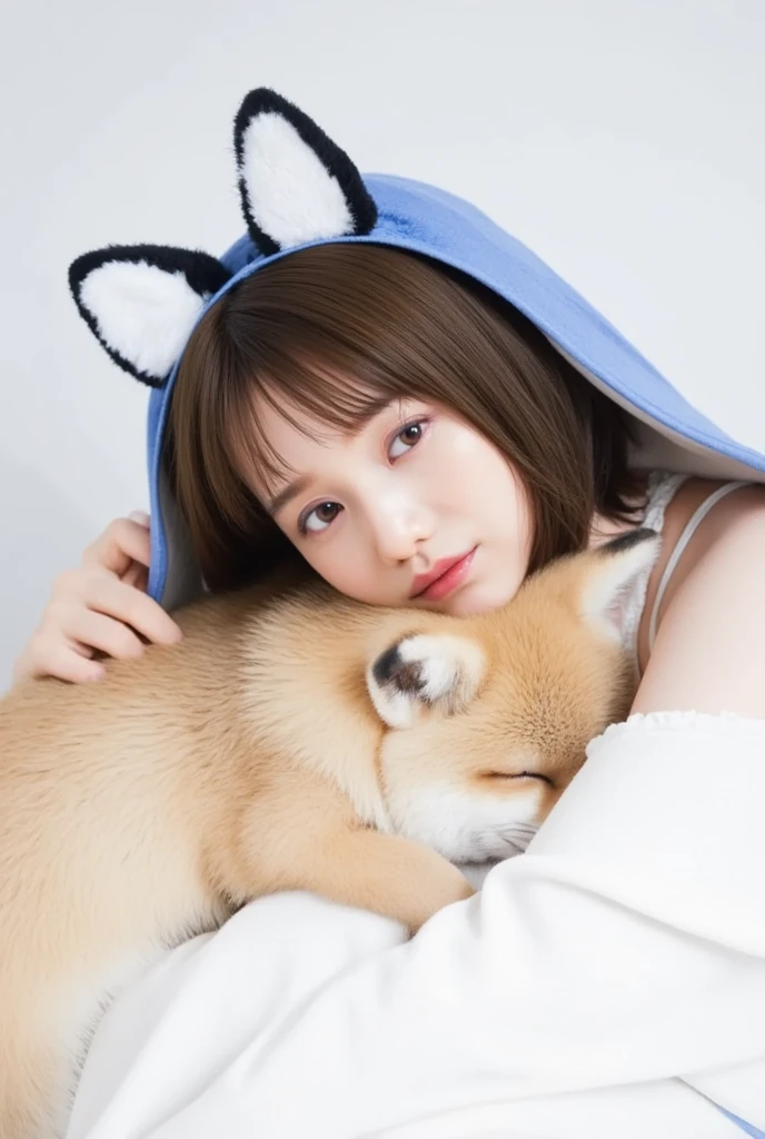 masterpiece, 4K, Bokeh, (Cute:1.5), ( beautiful girl:1.3), ( Japanese idol :1.6), (Fox ears:1.3) , ( white hoodie:1.3),  (I love foxes :1.6),  blushed,  cowboy shot , ( hug a cute sleeping fox :1.5), ( closes the eye:1.3), ( white background  :1.4), 

