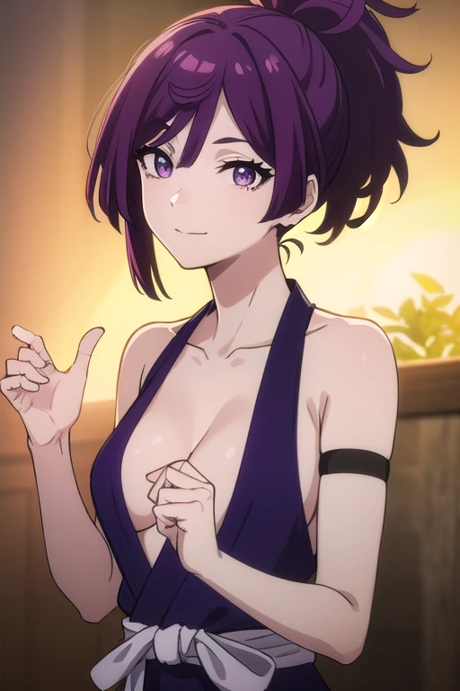 jigokuyuzuriha , yuzuriha, hair ornament, (purple eyes:1.1), ponytail, purple hair, light smile,
break cleavage, japanese clothes, bare shoulders, collarbone, side slit,translucent synthetic slime clothing,
break looking at viewer, 
break (masterpiece:1.2), best quality, high resolution, unity 8k wallpaper, (illustration:0.8), (beautiful detailed eyes:1.6), extremely detailed face, perfect lighting, extremely detailed CG, (perfect hands, perfect anatomy),medium brests, 
