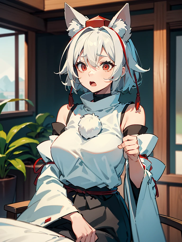 (masterpiece、top-quality、hight resolution、Unity 8k、extremely details CG:1,Best Picture) "a woman in an adult film shoot",Inubashiri Momiji, 1girl, hat, Upper body, "A young woman sitting in a brightly lit interview room with a casual and cozy atmosphere. She is dressed in ordinary casual clothing, seated on a simple chair. The background features indoor plants and tasteful decorative items, giving a calm and neutral impression.
Her facial expression shows shock and confusion, with wide-open eyes and a slightly open mouth, as if stunned by an unexpected question. One hand is placed near her chest, while the other grips the edge of the chair tightly, conveying her nervousness and disbelief. This moment captures her reaction to a surprising and awkward question during the interview."