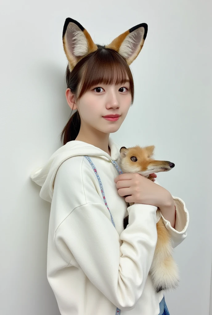 masterpiece, 4K, Bokeh, (Cute:1.5), ( beautiful girl:1.3), ( Japanese idol :1.6), (Fox ears:1.3) , ( white hoodie:1.3),  (I love foxes :1.6),  blushed,  cowboy shot , ( hug a cute sleeping fox :1.5), ( closes the eye:1.3), ( white background  :1.4), 
