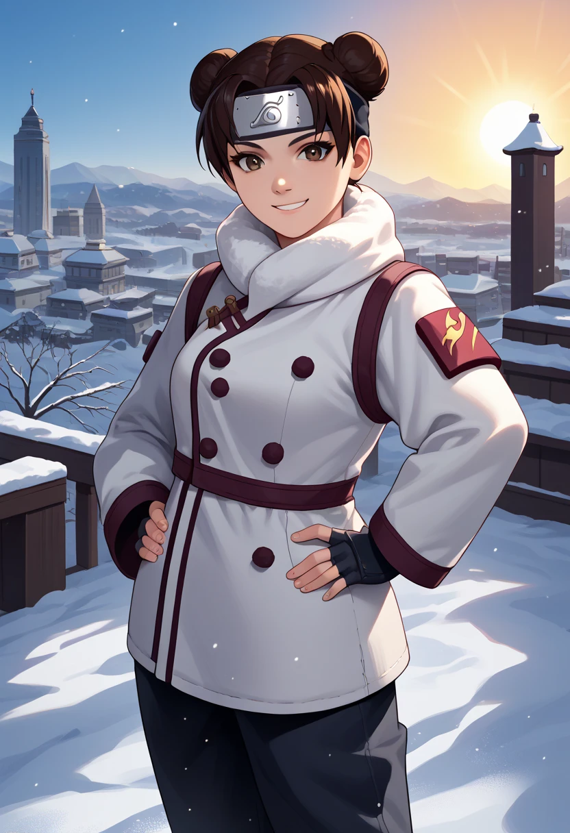 score_9, score_8_up, score_7_up, source_anime, solo, 1girl, t3nt3n, smile, looking at you, standing, hand on own hip, double bun, forehead protector, headband, chinese winter jacket, white jacket, full sleeves, black gloves, fingerless gloves, pants, outdoors, middle of a city, snow is falling, snow covered the rooftop,high quality, her skin is glowing, the sun is touching her face, she looks lovely 
