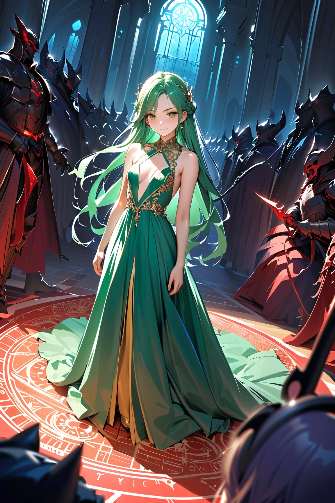 1 girl, (noble face), 20 years old, braided hair, (confident smile), (wearing a flowing gown with armor details), above knee length, (emerald green), small breasts, elegant posture, (drawing a battle plan:1.2), 
BREAK 
throne room, surrounded by knights, (preparing to face the demon lord:1.4), glowing magic circle, 
BREAK 
(soft and intense lighting, mystical ambiance, dynamic angles), pivotal scene, 
BREAK 
fantasy illustration, game cg, absurdres, highres, ultra detailed, beautiful, (masterpiece), (best quality:1.2),