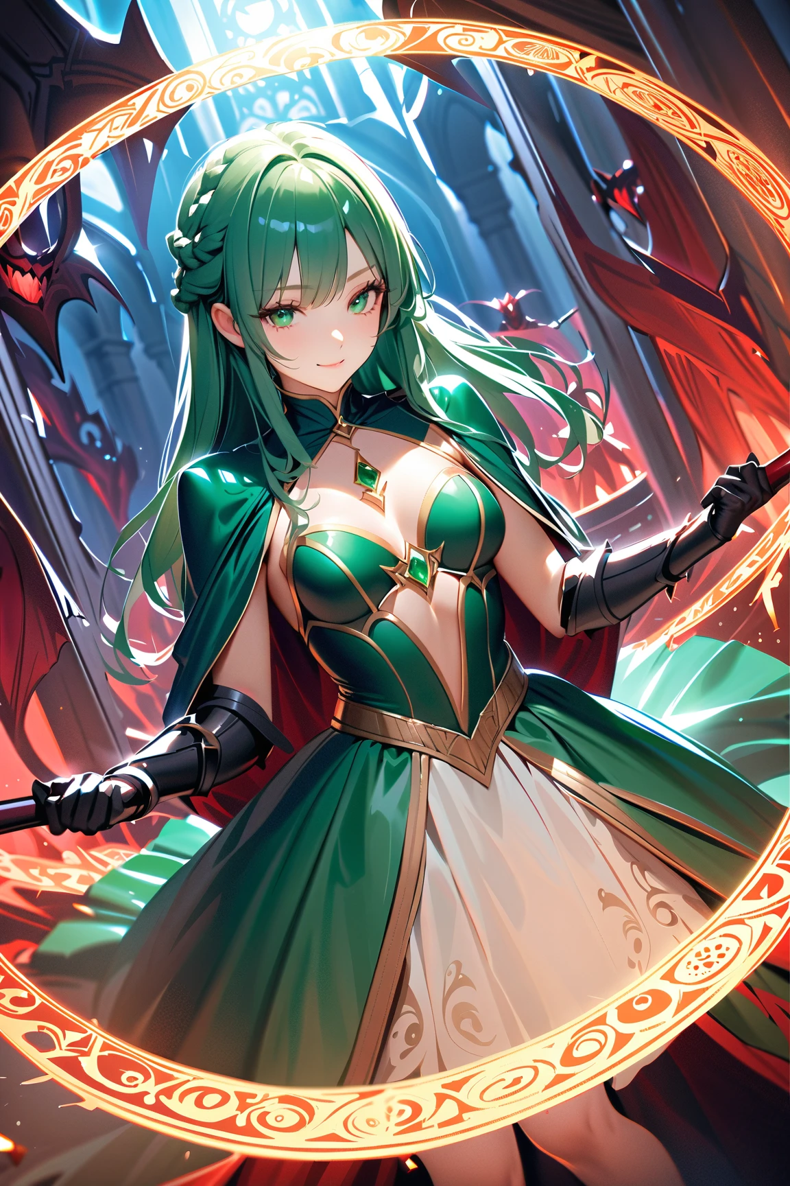 1 girl, (noble face), 20 years old, braided hair, (confident smile), (wearing a flowing gown with armor details), above knee length, (emerald green), small breasts, elegant posture, (drawing a battle plan:1.2), 
BREAK 
throne room, surrounded by knights, (preparing to face the demon lord:1.4), glowing magic circle, 
BREAK 
(soft and intense lighting, mystical ambiance, dynamic angles), pivotal scene, 
BREAK 
fantasy illustration, game cg, absurdres, highres, ultra detailed, beautiful, (masterpiece), (best quality:1.2),