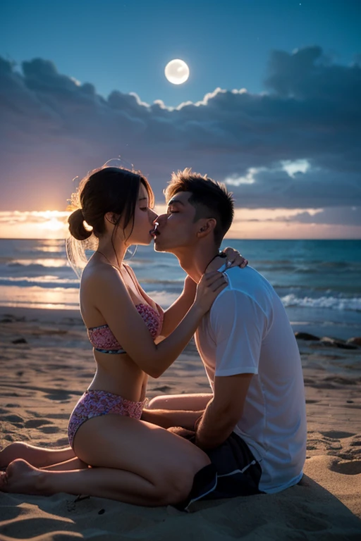 Kissing scene, man and woman, on the beach, at night