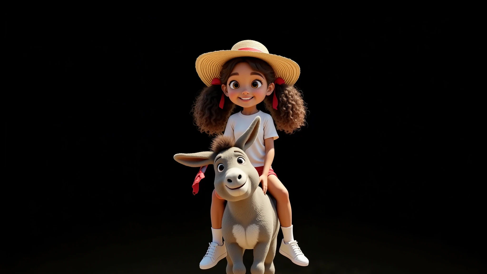 inspired by Disney Pixar 3D characters, in high resolution and high quality, creates the frontal image, FILMED FROM THE FRONT, of a girl of approximately , 10yo, 10y, , 10 y, , age:10, light skin, curly AND CURLY HAIR, daughter of a black father and a white mother, mixed race, Brazilian, curly hair tied in two ponytails with red ribbons, wearing a very large sun hat, wearing a plain white t-shirt, very short red shorts, white socks and white sneakers, she is beautiful, attractive, cheerful and fun, , sitting on a friendly gray donkey, , wearing a plain white t-shirt, very short red shorts, white socks and white sneakers, she is beautiful, cheerful and fun, this is conveyed in her gaze and her contagious smile