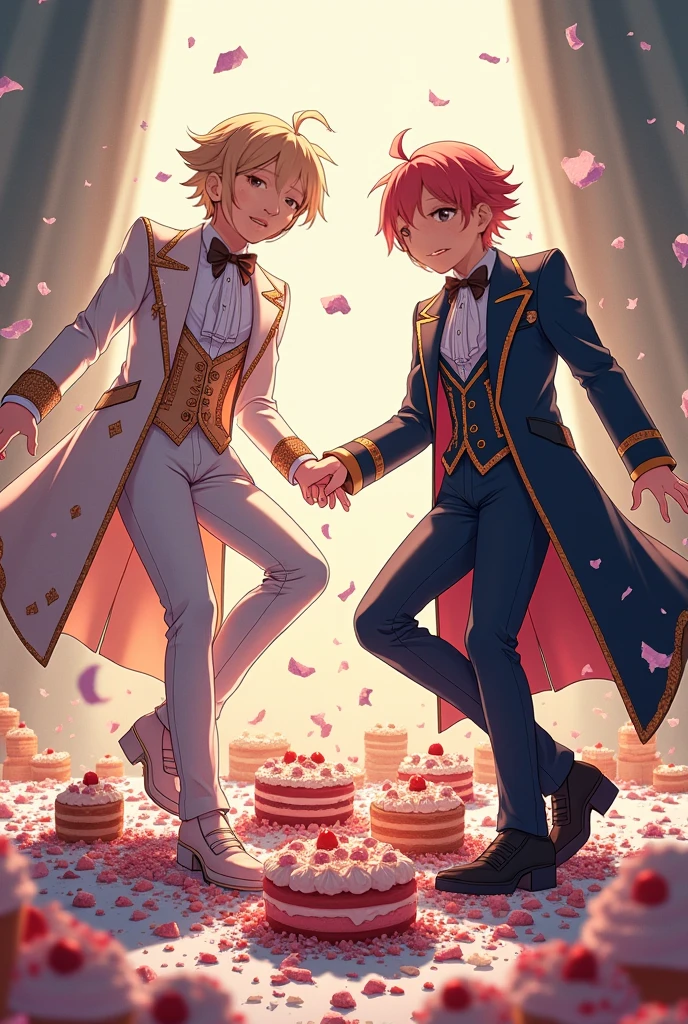 masterpiece-level ,anime-style ,illustration of two girly-looking boys (cross-dressing) with cute, feminine faces, confidently stomping on a chaotic assortment of completely trampled cakes spread across a table. The cakes are crushed into vibrant debris, with frosting, layers, and decorations scattered explosively across the surface. Their outfits are detailed and elegant, now dirtied with colorful cake debris from the trampling. Their legs, shoes, and clothing are also smeared with crushed frosting and cake pieces, emphasizing the messy and dynamic interaction with the environment. Each character has an expressive, playful face with intricate details and lively poses. The background enhances the chaotic atmosphere, featuring vivid lighting and cinematic detail to highlight the vibrant, messy scene,(nsfw),(((food crushing,trampling cakes,stomping cakes))),