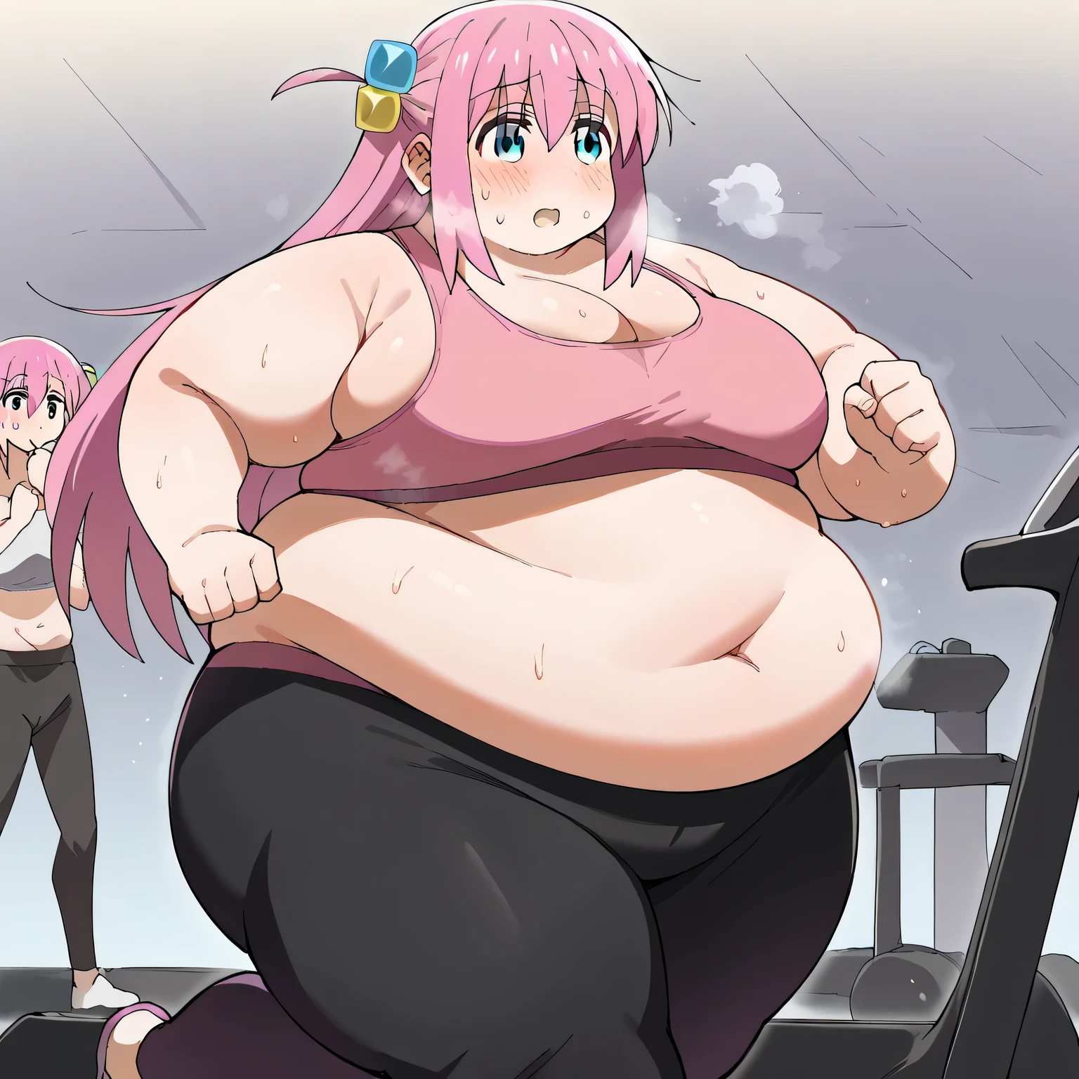 score_9, score_8_up, score_7_up, source_anime, hitorigotou, hitori gotou, cube hair ornament, hair ornament, pink hair, one side up, long hair,medium breasts, treadmill, exercising, exercise machine, running,, yoga pants, sports bra, steam, open mouth, sweat, blush, gym,, cowboy shot, fat, chubby, obese, gigantic arms and legs, large breasts open mouth, out of breath