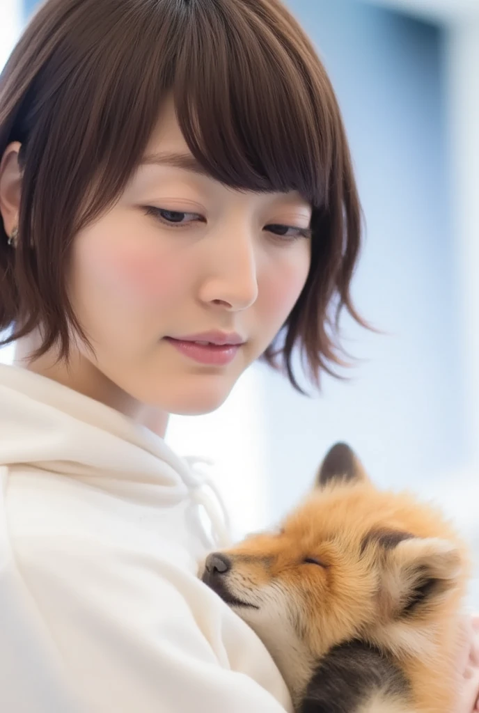 masterpiece, 4K, Bokeh, (Cute:1.5), ( beautiful girl:1.3), ( Japanese idol :1.6), (Fox ears:1.3) , ( white hoodie:1.3),  (I love foxes :1.6),  blushed,  cowboy shot , ( hug a cute sleeping fox :1.5), ( closes the eye:1.3), ( white background  :1.4), 

