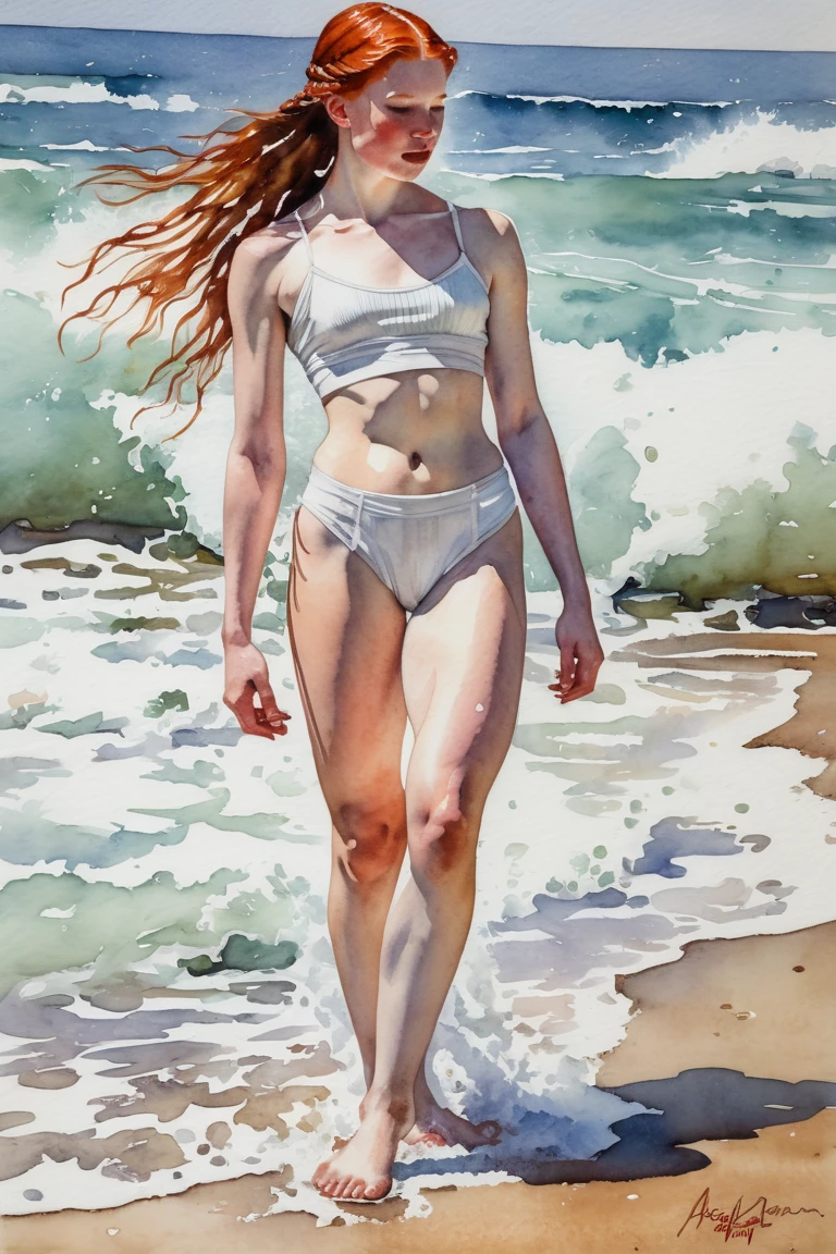 a girl in topless in a small white panties little boots on the beach view down below wide angle in the style of Michael Carson