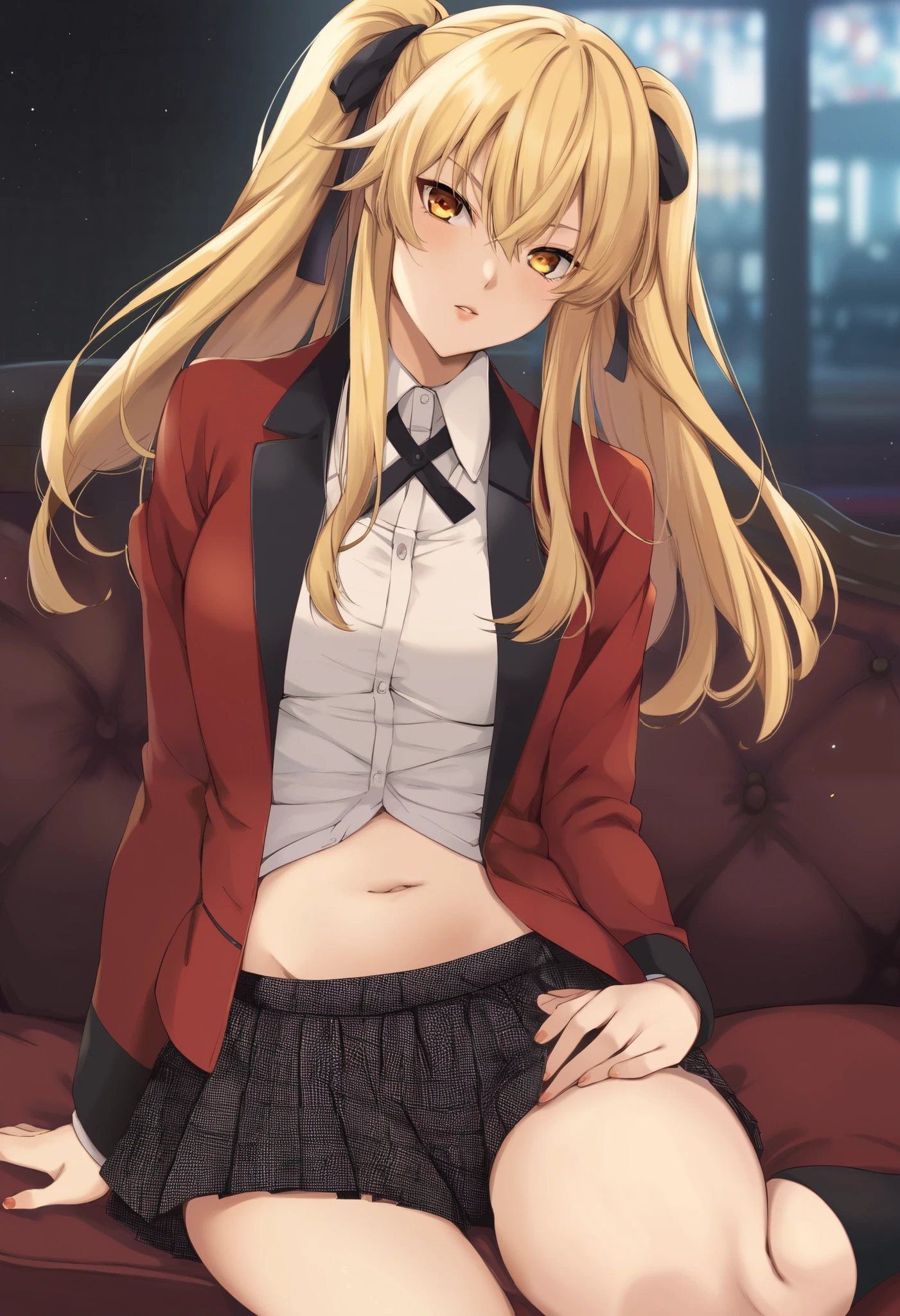 saotome mary, long hair, blonde hair, twintails, black hair bow, hair between eyes, yellow eyes, hyakkaou academy school uniform, long sleeves, blazer, red jacket, suit jacket, white shirt, collared shirt, black neck ribbon, black skirt, plaid skirt, pleated skirt, black kneehighs, loafers, score_9, score_8_up, score_7_up, score_6_up, score_5_up, source_anime, rating_safe, medium breasts, indoors, casino, 1girl, solo, looking at viewer, (nsfw) not safe for work, , micro skirt, exposed belly, exposed navel, exposed midriff, exposed lower belly, holding a gun,