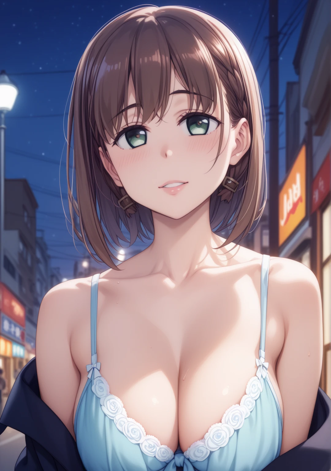  Masterpiece、 top quality、 Max Image、Real Anime Art、Correct body、Ai-chan　getsuyoubi no tawawa　Tawawa on Monday、Labuho street background at night、whole body、 clothes with a wide open chest、Busty、Wear a bra 