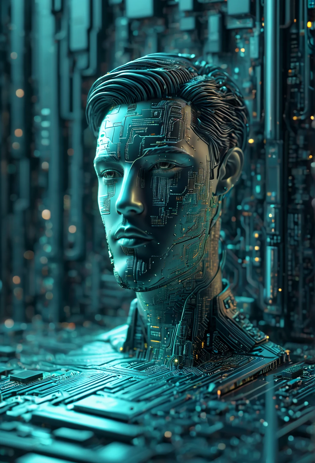 isometric style circuitboard of a handsome man's bust made from circuitboard, ((focus))