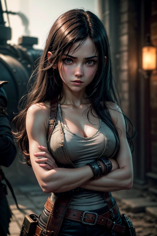 (Professional photography of Tifa Lockhart), (highly detailed face:1.4), no close-up, (smile:0.4), (background inside dark, moody, private:1.3, naked), steampunk pirate's airship, nikon d850, stock photography, kodak portra 400 film ,camera f1.6 lens, bokeh, analog style, rich colors, hyper realistic, lifelike texture, dramatic lighting, cinestill 800, messy hair, serious, (freckles:0.4), pale skin, cute sexy