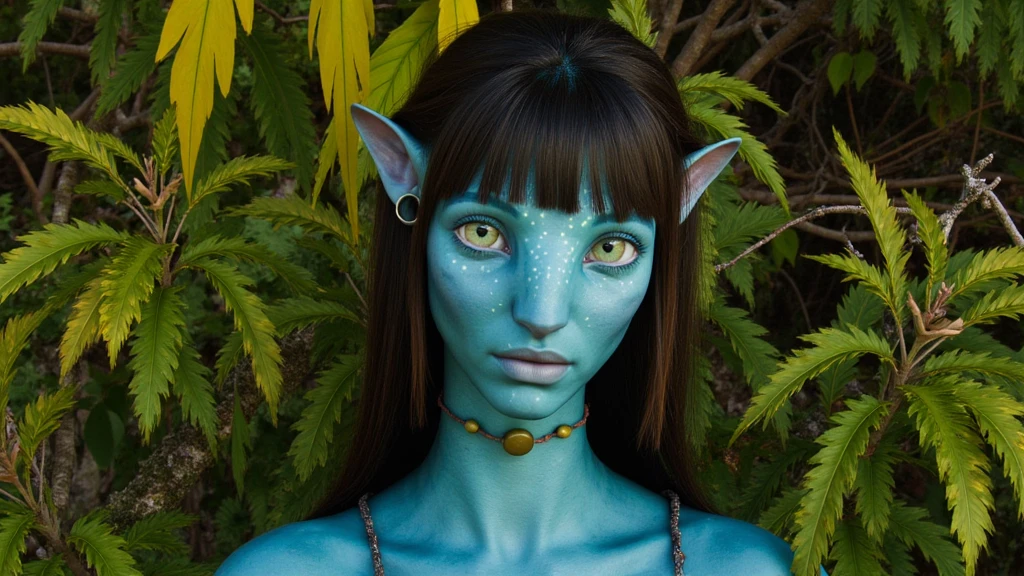 na'vi, na'vi race, avatar, pale teal blue skin, dark brown hair, blue eyes, straight brown hair with bangs, long bangs, bangs covering forehead, no eyebrows