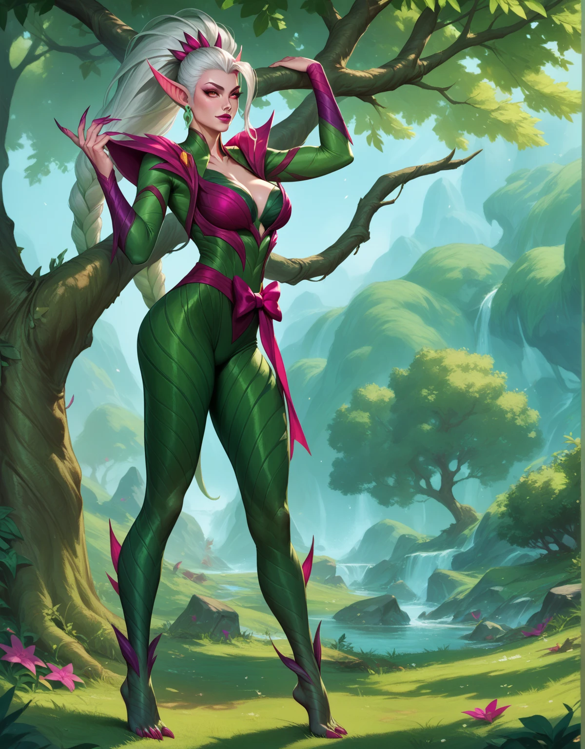 a beautiful detailed girl with striking copper hair, one eye partially obscured, wearing an outlandish fantasy costume, standing in a dark and mysterious spring meadow, surrounded by celestial water, her bombshell hair and forest green locks billowing in the wind, (best quality,4k,8k,highres,masterpiece:1.2),ultra-detailed,(realistic,photorealistic,photo-realistic:1.37),epic,illustration,welcoming,1girl,warlock,elf,bright copper hair,hair over one eye,(full body:0),[outlandish costume design:0.2],in a scary spring meadow,in the crowded,celestial water,bombshell hair,forest green hair,short bombshell hair,color_hair,v arms