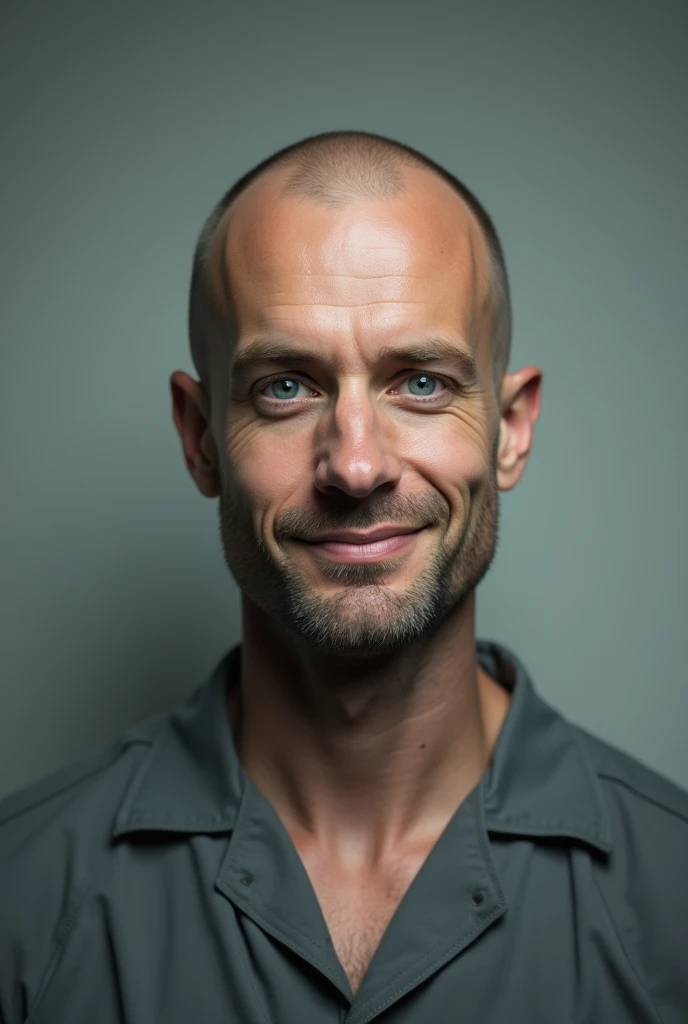 Mugshot of thin blue eyed bald man wearing grey prison uniform, smiling, handsome
