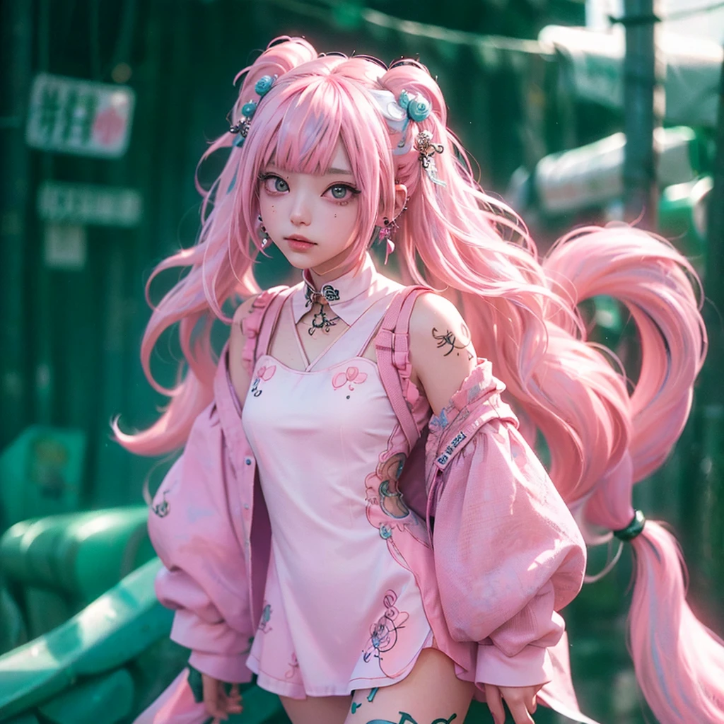 A cool Japanese manga-style illustration,Magenta and neon green striped T-shirt,Magenta and neon green horizontal striped mini skirt,One person, Twintails tied high, Magenta hair,Neon green highlights,Slanted Eyes, Solemn,