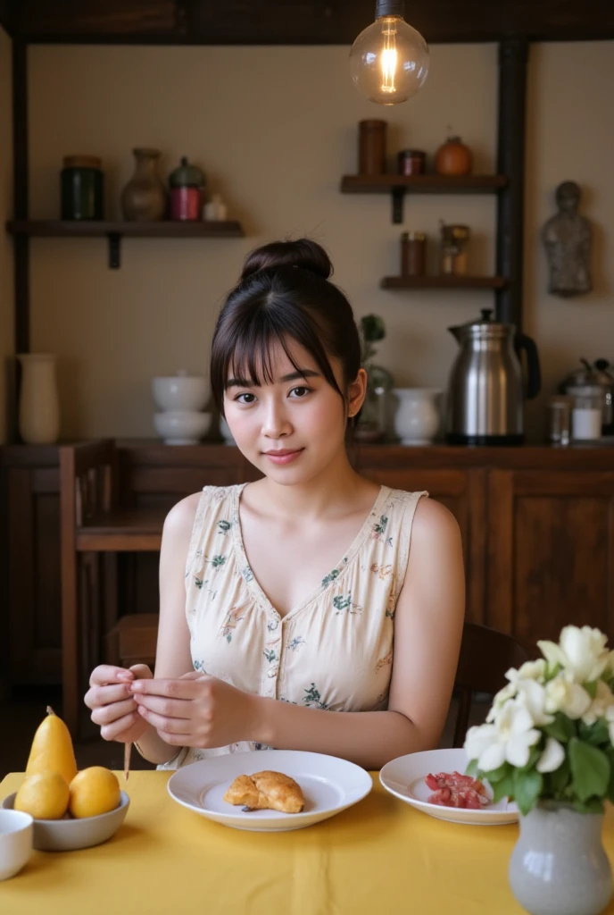 An Indonesian woman, wear a sleeveless nightgown with floral print, sitting on the dining table at the kitchen enjoying breakfast, Village atmosphere, realistic photography. look at the viewer,