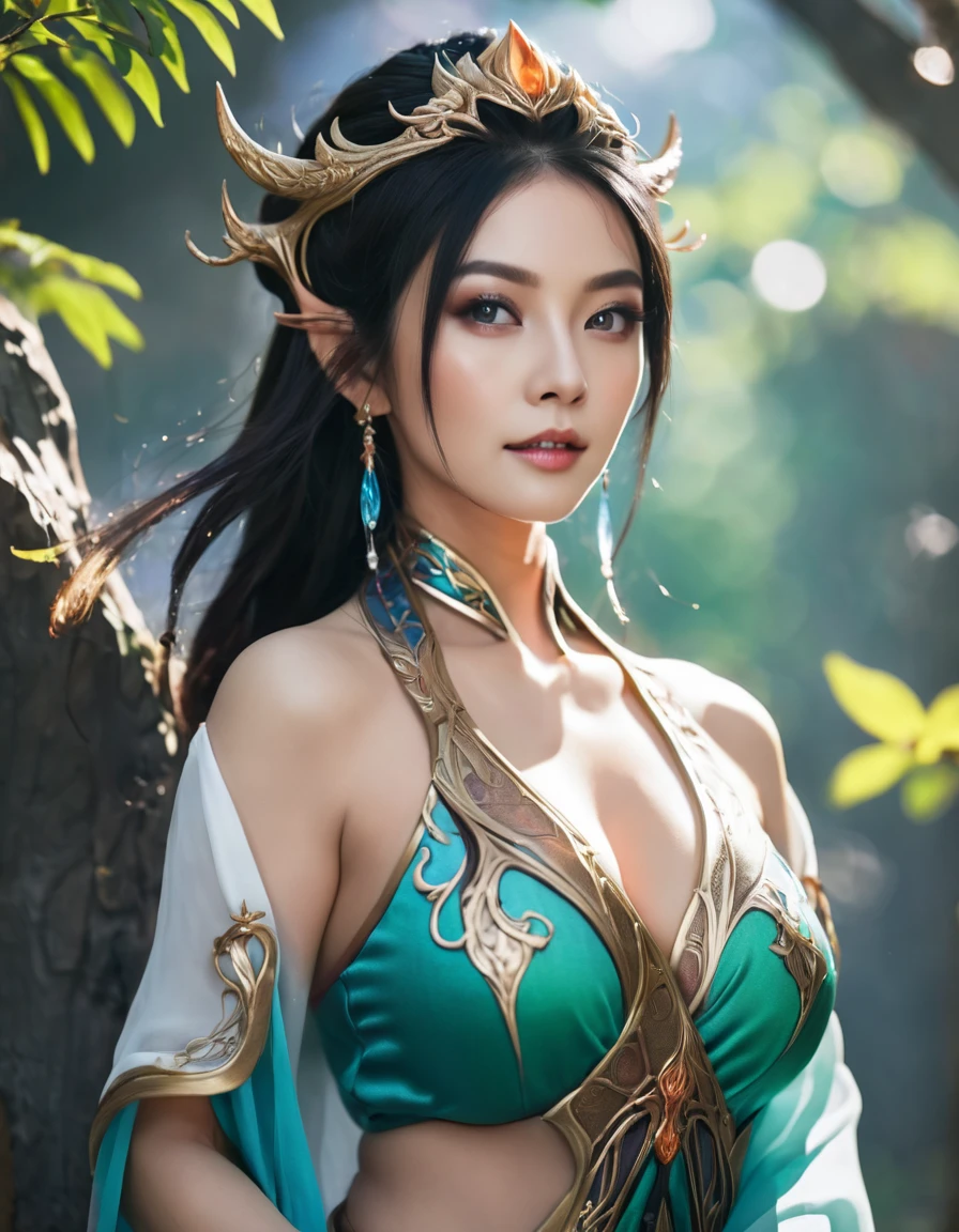 Create an image of Janna in her Classic skin from League of Legends by Riot Games, wearing her elegant, wind-themed outfit with flowing robes and holding her magical staff, have massive k-cups, standing in a breezy, mystical forest with leaves swirling around her.