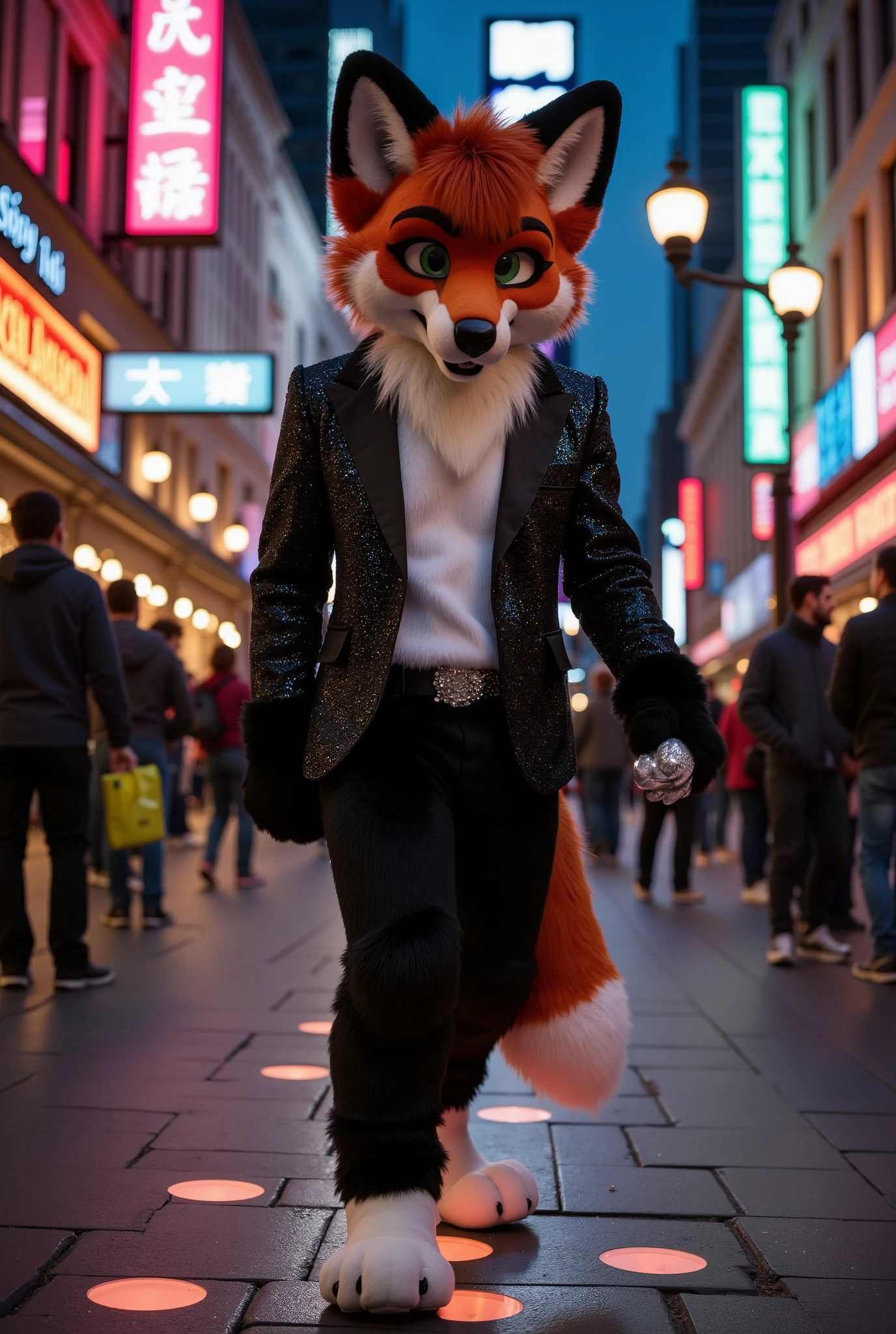 "Anthropomorphic fox male, muscular and adult, with sleek red fur, bright green eyes, and a confident demeanor. He’s dressed in Michael Jackson’s 'Billie Jean' outfit: a black sequined blazer, a white shirt, black pants, and a single sparkling glove on his right paw. He’s stepping on a glowing sidewalk, leaving illuminated footprints behind him, mimicking the iconic music video.  

Background: a dark city street lit by neon signs and glowing pavement squares, with a spotlight following the fox as he walks. His charm and showmanship captivate the imaginary crowd.  

Style: hyperrealistic 3D, cinematic realism, rendered in Ultra HD 8K. The shine of the sequins, the fox’s sleek fur, and the magical glowing sidewalk are captured in exquisite detail."  