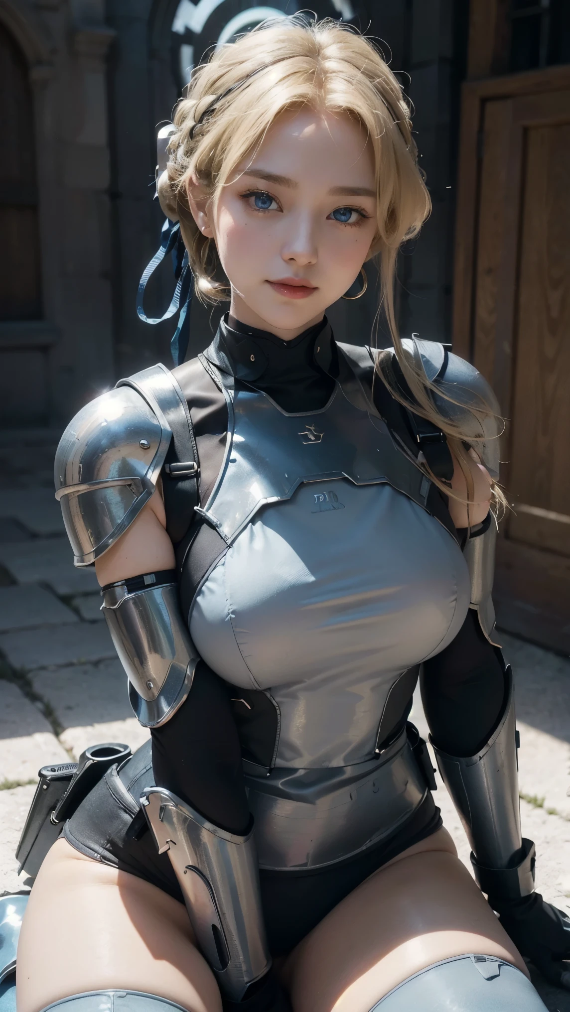 Asuma Toki,(best qualityer,4K,8k,high resolution,work of art:1.2)(weather: cloudy), Mondstadt castle background, castle siege battle, medieval outfit, knight shoulder armor, sleeveless knight top, tight leggings, elbow long fingerless gloves, knight breast plate, knight corset, stockings, knee high boots, necklace, loop earrings, knight harness, cheek mole, short wavy hair, blonde hair, ultra detailed, realistic, portrait,beautiful detailed blue eyes, glowing eyes,blush,beautiful detailed lips,extremely detailed eye and face, long eyelashes,sexy,average, large breasts,beaming smile, sexy smile, powerful girl, combat pose, stunning curves, bright coloured, dramatic lighting, spear, shield,