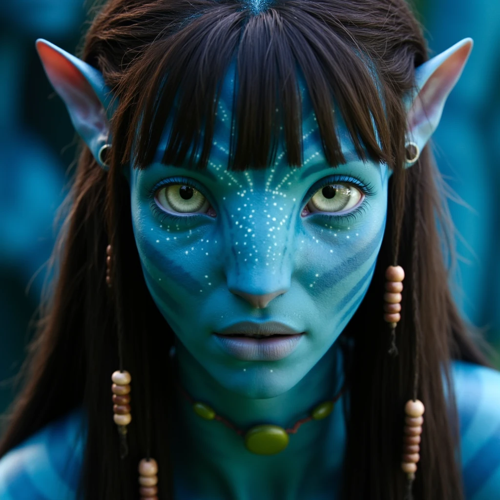 na'vi, na'vi race, avatar, pale teal blue skin, dark brown hair, blue eyes, straight brown hair with bangs, long bangs, bangs covering forehead, no eyebrows