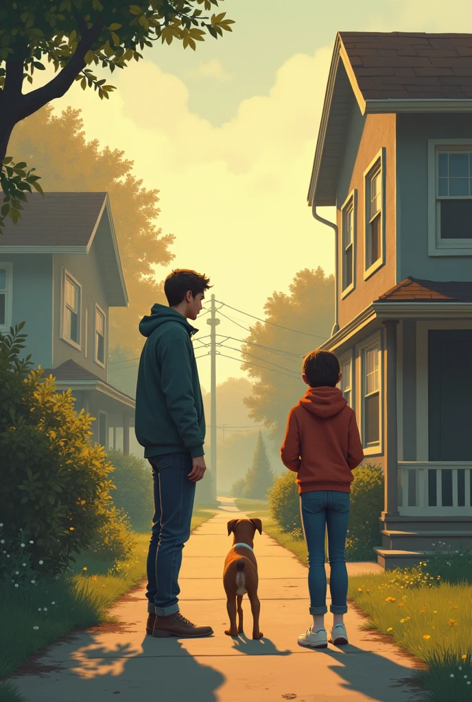 afult guy walking next to his big black dog, dog showing love, minimalistic, (masterpiece), best quality, highres, 4k, 8k, amazing quality, amazing shading, soft lighting, cartoon style, flat