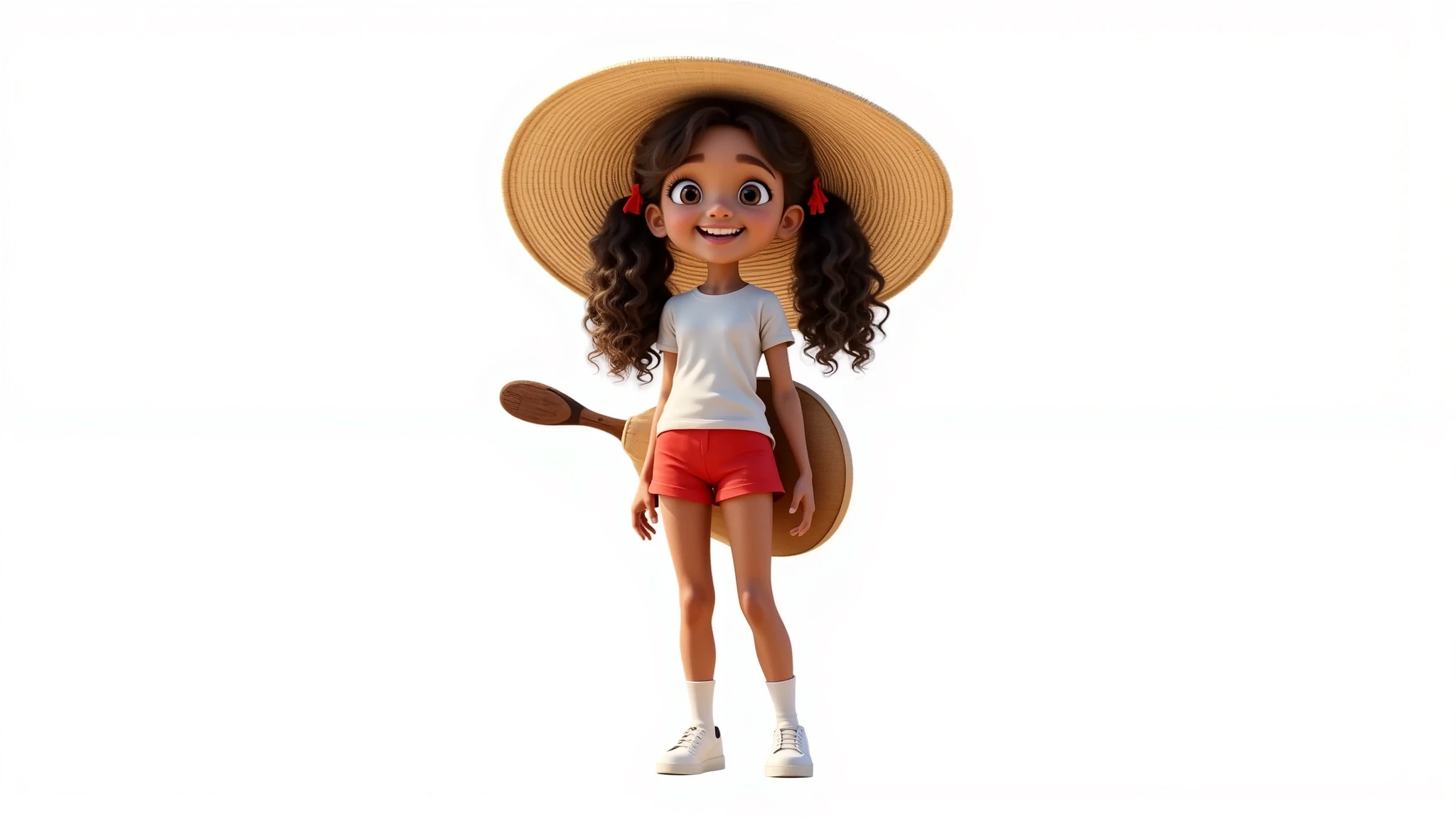 inspired by Disney Pixar's 3D characters, in high resolution and high quality, creates the image of a girl of approximately , 10yo, age: 10, fair skin, curly hair, daughter of a black father and a white mother, mixed race, Brazilian, curly hair tied in two ponytails with red ribbons, wearing a very large sun hat, wearing a white t-shirt without prints, very short red shorts, white socks and white sneakers, she is beautiful, attractive, cheerful and fun, this is transmitted in her gaze and her contagious smile