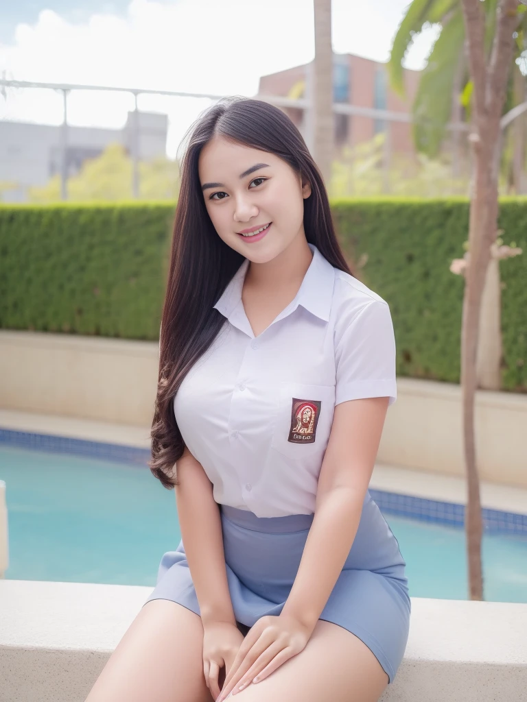 A beautiful Indonesian woman with natural beauty and big breasts is standing in a classroom. She has a wet body, as if she has been soaked in water. The scene is vibrant with vivid colors and bokeh effects. The woman has long dark hair and radiant skin. Her beautiful detailed eyes and lips enhance her overall attractiveness. She is wearing a student uniform, suggesting that she is a student. The lighting emphasizes her features and creates a captivating atmosphere. The artist focuses on capturing the woman's sensuality and the unique charm of the classroom environment. The artwork aims to depict the beauty of the Indonesian woman while exploring the aesthetics of wetness and moisture. Pubic hairs are depicted as part of the woman's natural beauty, adding to the overall realism and attention to detail. The artwork strives for the best quality, with high resolution (4k, 8k) and ultra-detailed rendering. It captures the woman's beauty in a realistic and photorealistic way. The color palette and lighting enhance the overall visual impact, creating a mesmerizing and engaging artwork.