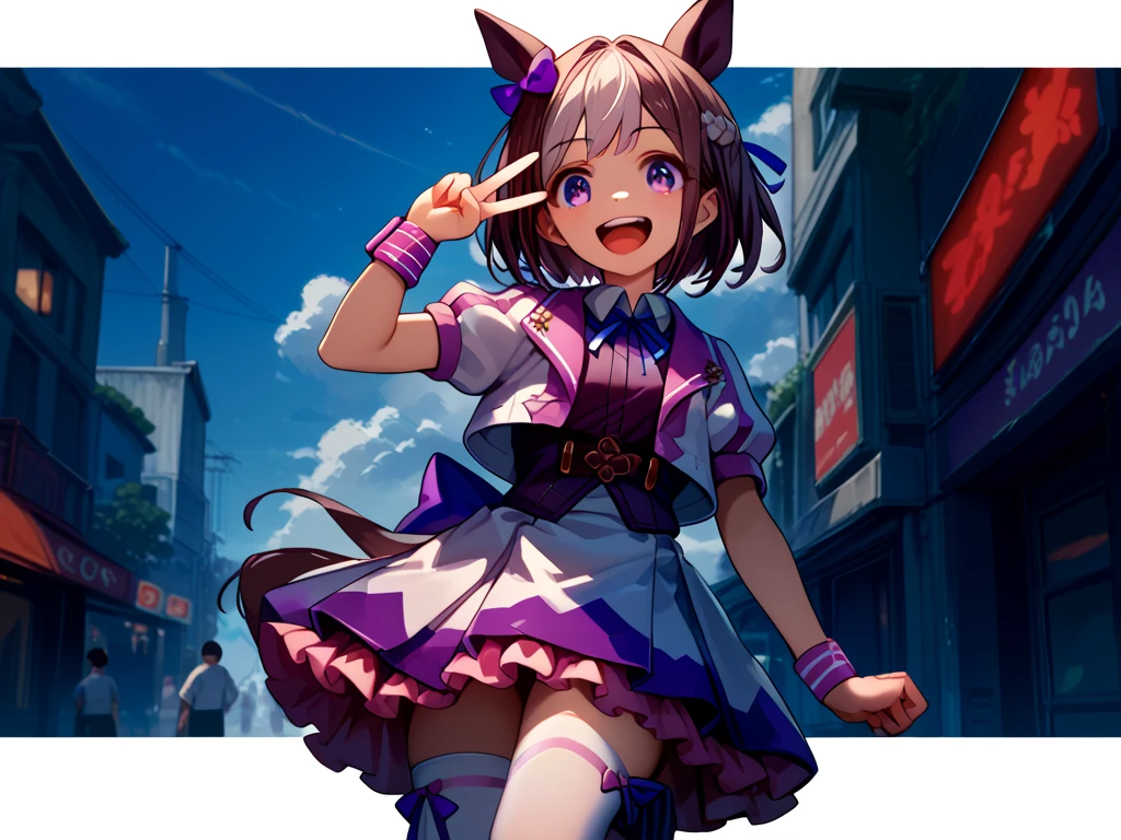 best quality, absurdres, masterpiece, 1人の女の子
special week \(Uma Musume\), 
smiling, making a V sign, ear bow, purple bow, puffy short sleeves, neck ribbon, blue ribbon, cropped jacket, white jacket, two-tone jacket, collared shirt, white shirt, purple vest, wristband, wrist cuffs, white skirt, pleated skirt, two-tone skirt, frilled skirt, frills,   zettai ryouiki, white thighhighs, white footwear, purple footwear, asymmetrical footwear, mismatched footwear, Durable sneakers, laughing, flushed, making a peace sign