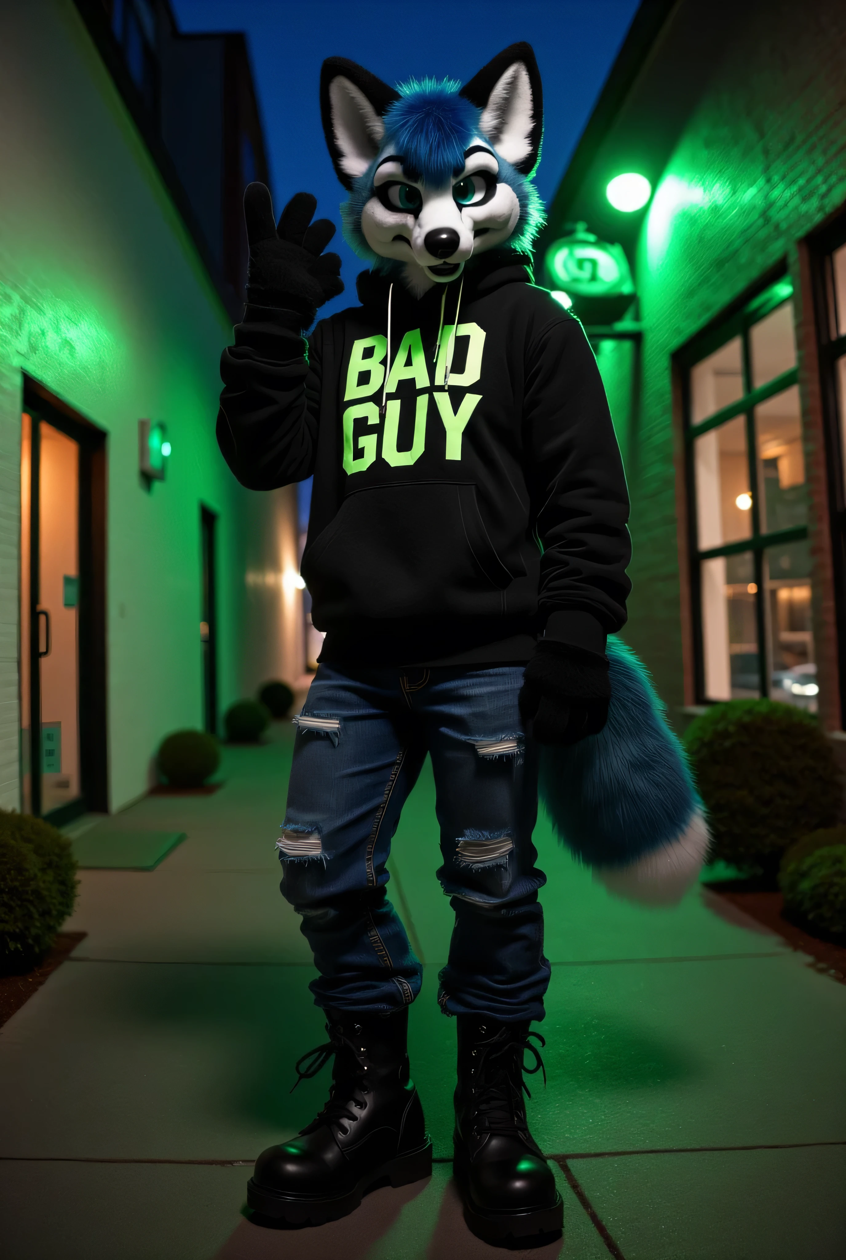 "Anthropomorphic fox male, muscular and adult, with dark blue fur, silver-gray eyes, and a mischievous grin. He’s dressed in an oversized black hoodie with neon green accents, ripped jeans, and heavy combat boots, inspired by Billie Eilish’s ‘Bad Guy’ look. He’s striking a confident pose, one paw raised with a finger pointing, as if daring anyone to challenge him.  

Background: a dimly lit alley in a city, with a faint green glow illuminating the fox’s silhouette. The environment is gritty, with a sense of danger and rebellion in the air, mirroring the rebellious tone of ‘Bad Guy.’  

Style: hyperrealistic 3D, cinematic realism, rendered in Ultra HD 8K. The contrast between the fox’s dark fur and the glowing hoodie, combined with the sharp urban details, is captured with dramatic lighting and textures."  