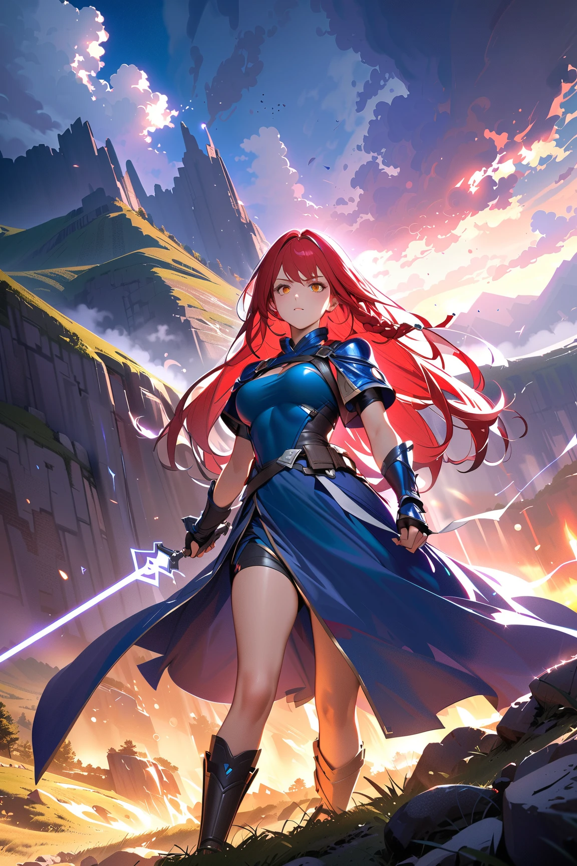 1 girl, (determined face), 22 years old, long hair in a braid, (fearless gaze), (wearing a battle-ready gown with magical runes), short sleeve, (silver and blue), medium breasts, athletic build, (charging forward:1.2), 
BREAK 
mountain pass, ready to confront the dark lord, (epic landscape:1.4), stormy sky, 
BREAK 
(contrast lighting, dramatic clouds, intense atmosphere), climactic moment, 
BREAK 
fantasy concept art, game cg, absurdres, highres, ultra detailed, beautiful, (masterpiece), (best quality:1.2),