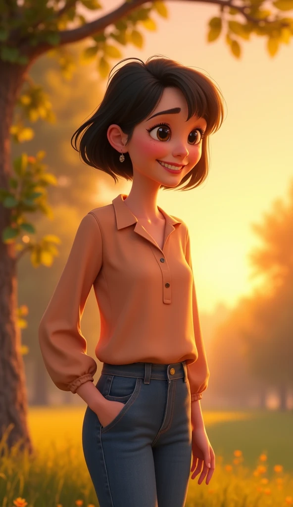 A 35-year-old mother in Pixar Disney style, About 1.65 meters with short  black hair, gentle and warm features with a caring smile, wearing a simple yet elegant pastel-colored blouse and comfortable jeans,A 13-old-year boy in Pixar Disney style,About 1.4 meters, with vibrant short brown hair, large expressive black eyes full of curiosity,with a slim build, looking somewhat frail,Wearing a deep hoodie and long jeans, Mother embracing boy in a heartfelt hug, sunset in the background, the boy's face relieved and comfo, Park