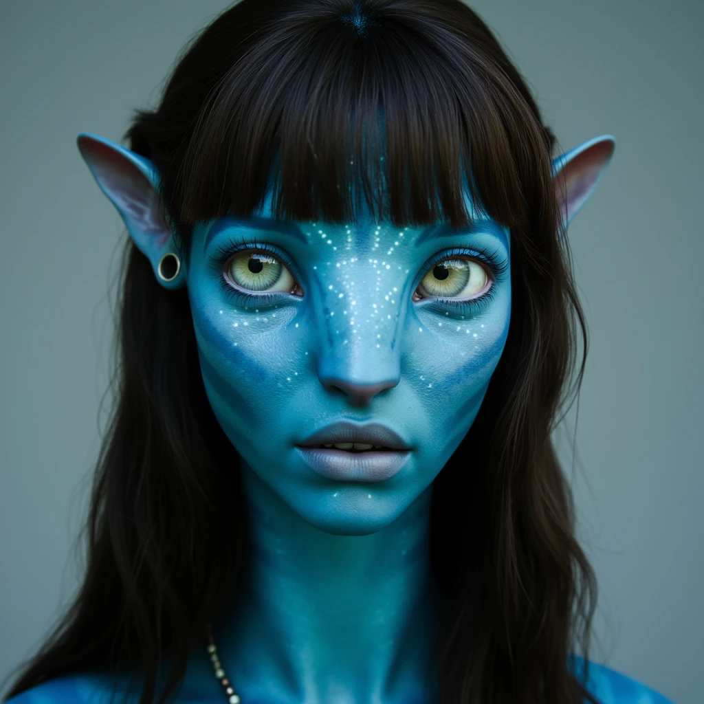 na'vi, na'vi race, avatar, pale teal blue skin, dark brown hair, blue eyes, straight brown hair with bangs, long bangs, bangs covering forehead, no eyebrows