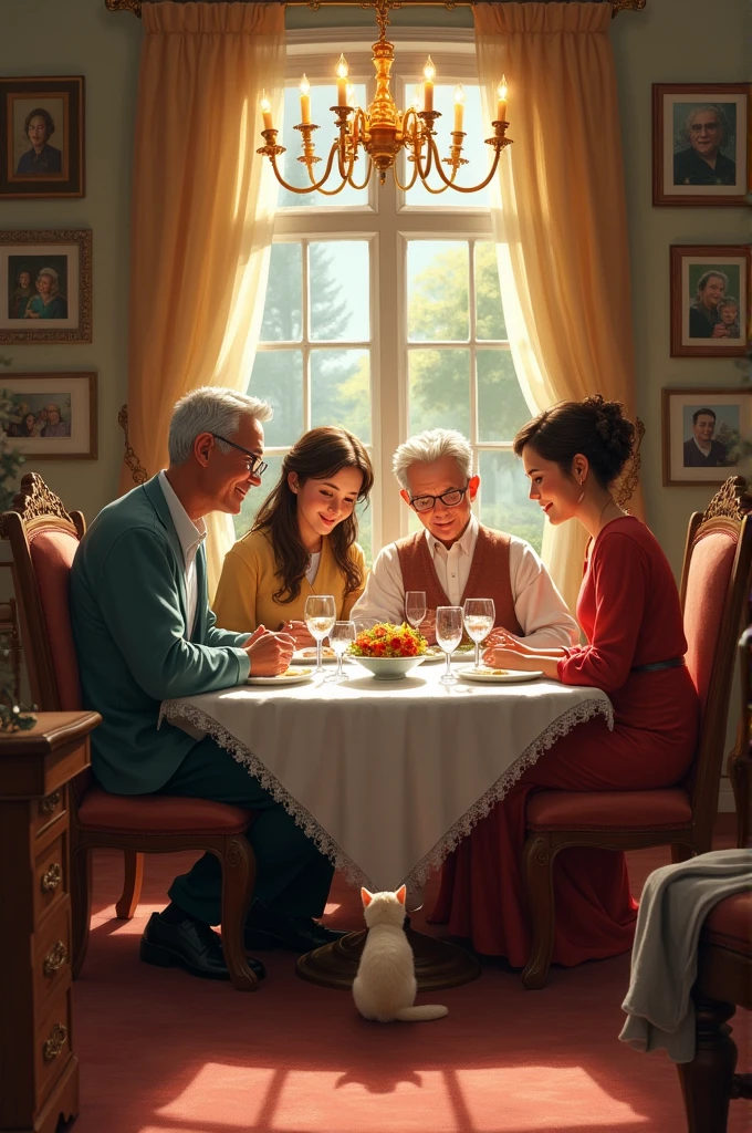 make a picture horizontally, where a boy is seen, with brown hair, surrounded by his mother, about pope, His sister, his grandfather and his grandmother , having dinner at the dining room table