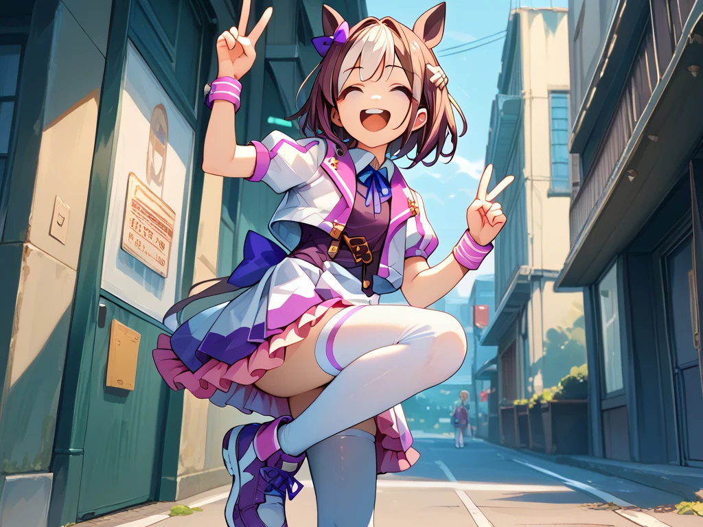 best quality, absurdres, masterpiece, 1人の女の子
special week \(Uma Musume\), 
smiling, making a V sign, ear bow, purple bow, puffy short sleeves, neck ribbon, blue ribbon, cropped jacket, white jacket, two-tone jacket, collared shirt, white shirt, purple vest, wristband, wrist cuffs, white skirt, pleated skirt, two-tone skirt, frilled skirt, frills,   zettai ryouiki, white thighhighs, white footwear, purple footwear, asymmetrical footwear, mismatched footwear, Durable sneakers, laughing, flushed, making a peace sign