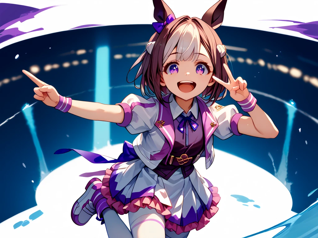 best quality, absurdres, masterpiece, 1人の女の子
special week \(Uma Musume\), 
smiling, making a V sign, ear bow, purple bow, puffy short sleeves, neck ribbon, blue ribbon, cropped jacket, white jacket, two-tone jacket, collared shirt, white shirt, purple vest, wristband, wrist cuffs, white skirt, pleated skirt, two-tone skirt, frilled skirt, frills,   zettai ryouiki, white thighhighs, white footwear, purple footwear, asymmetrical footwear, mismatched footwear, Durable sneakers, laughing, flushed, making a peace sign