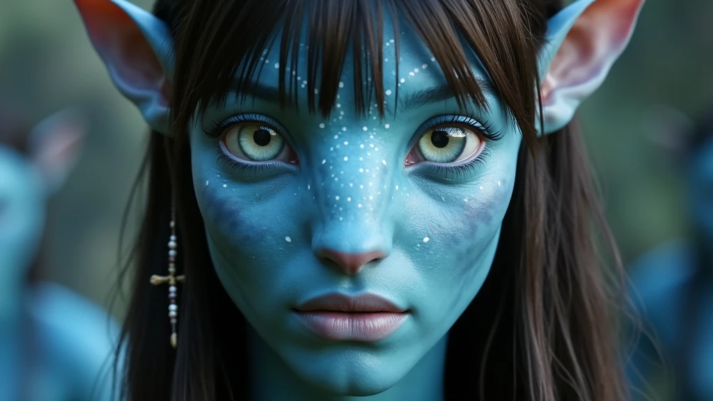 na'vi, na'vi race, avatar, pale teal blue skin, dark brown hair, blue eyes, straight brown hair with bangs, long bangs, bangs covering forehead, no eyebrows