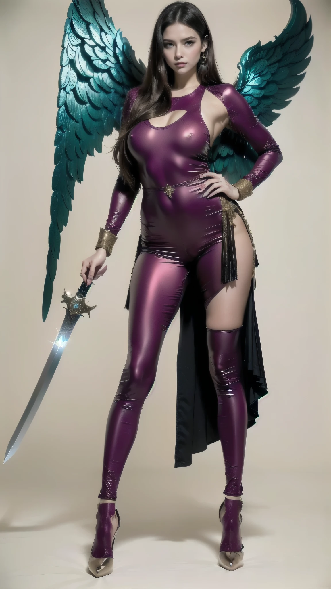 a drawing of a woman with a sword and a dress, barbarian mulher warrior,  barbarian woman , very beautiful  barbarian woman , warrior, north adult warrior, retrato de uma  barbarian woman , Mulher warrior,  a very beautiful Berserker woman , north warrior, mulher warrior, AMAZON female, poster. Lord of the daggers, retrato de uma  barbarian woman , feminine, delicate, red-haired,  white hair, (:1.2), (Art work,  best quality ,  8k extremely detailed, Ultra HD,  ultra-detailed, highly detailed, altamente realistic, ultra-realistic, foto realistic), (1 girl:1.5), (pele realistic detalhada), ( grandes realistics), ( Lipstick), Slim abs, Female knight in  clothes, wearing  armor, wearing pantyhose floral motif, a armadura no peito também está aberta mostrando muito neckline, The  is large and solid ,  big thighs , Mostrando o  full body,  thin waist ,   hair tied back  , serious facial expression aiming at the enemy, elegant, , wearing a flowing black scarf, h cup bust size,  VERY LARGE HAIR , neckline, Korean city background at night,  hair ponytail , monochromatic lighting, Dark and bright lighting, lighting under the lights, wearing pantyhose, ([long hair hair]:1.8), ( full body:1.8), (imagem de  full body em pé:1.8), ( upper body:0.3), (hyper realistic:1.4), (realistic:1.3), ( better skin quality with real texture ), ( The Heavenly Warrior Angel of the Lord : 1.6), (They're holding on:1.2),( Iridescent jumpsuit detailed with beautiful fractal or white design:1.5), ( Beautiful and delicate ruby , topaz,  Emerald and sapphire jewelry :1.6), 
([long hair hair]:1.8), (full body:1.8), (upper body up:0.3), (hyper realistic:1.4), (realistic:1.3), (best quality real texture skin), Detailed eyes, detailed face, PERSEPHONE, persephone, (SFW:1.5) Hyperrealistic, LESS saggy , (SMALL :1.5), (HUGE LEGS:1.5), (LESS THIGHS:1.5),  perfect legs ,  perfect legs , pernas added, 
 