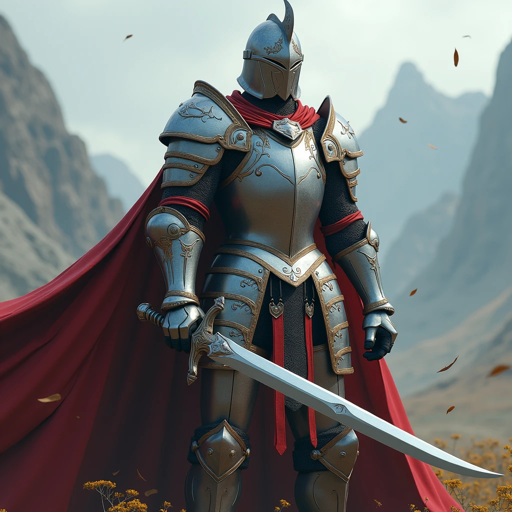 Silver armored knight with a helmet and a red coat holding a big curved ...