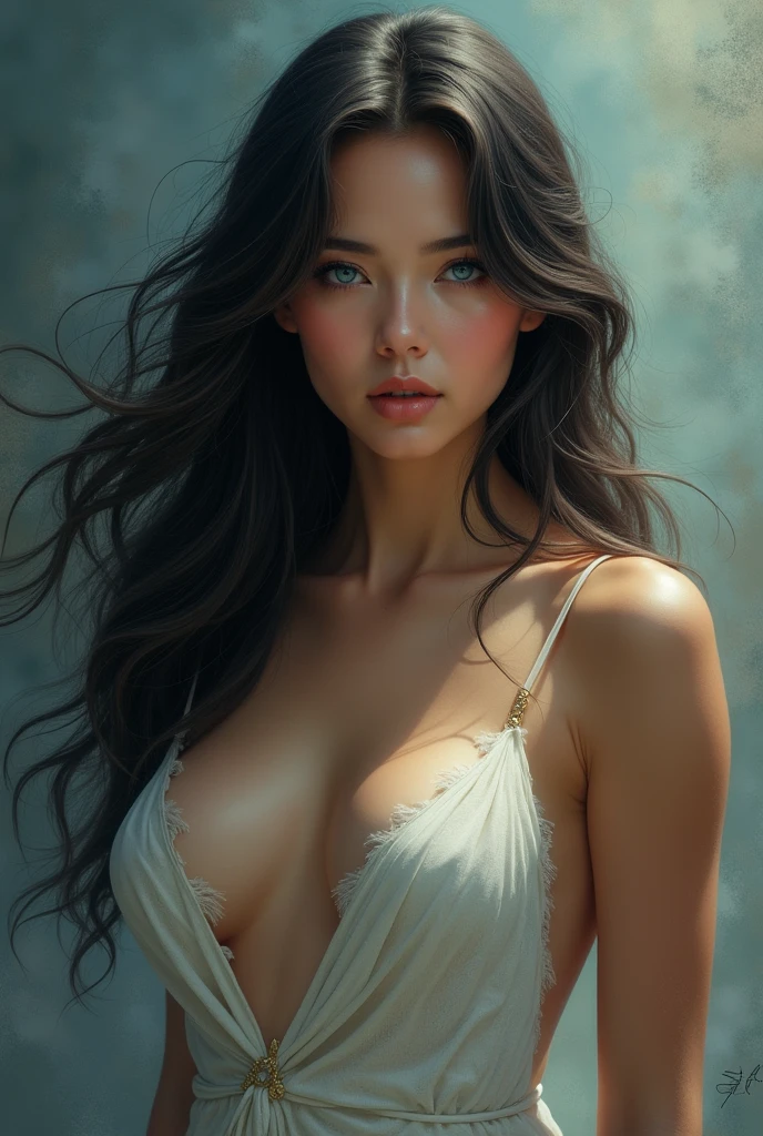 Beautiful young woman with high glamour, transparent dress.