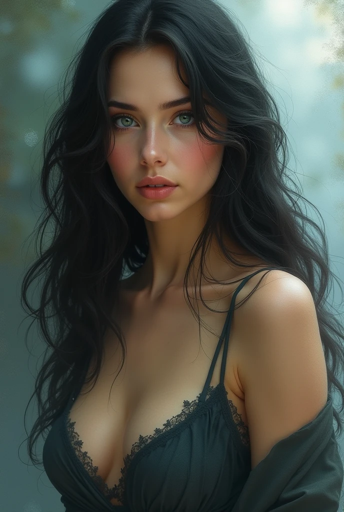 Naked woman with long black hair and blue eyes